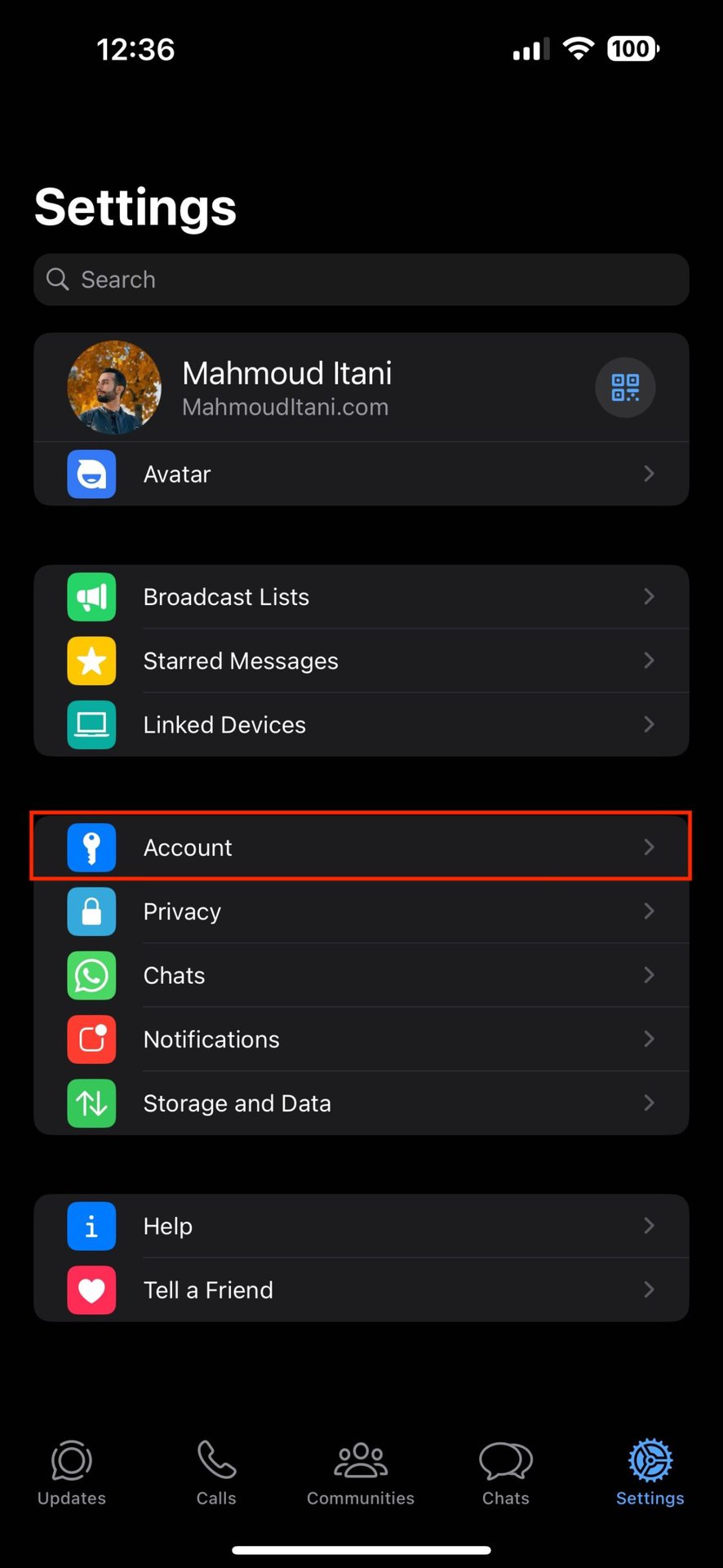 Account section in WhatsApp settings.
