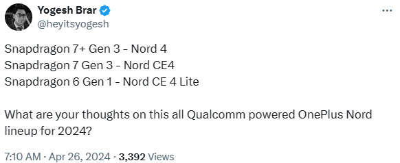 Yogesh Brar OnePlus Nord chipsets April 2024