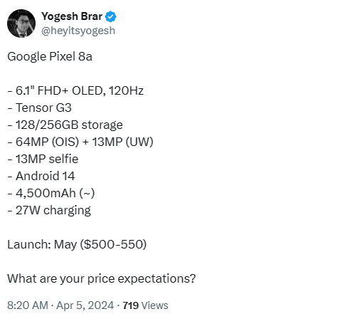 Yogesh Brar Pixel 8a specs
