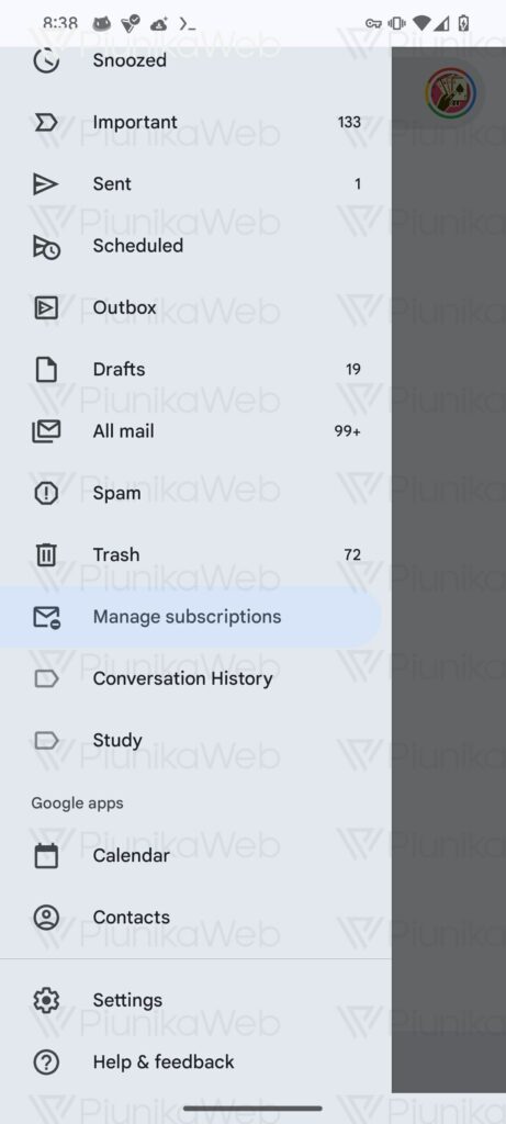 Pasek boczny Gmaila na Androida do zarządzania subskrypcjami