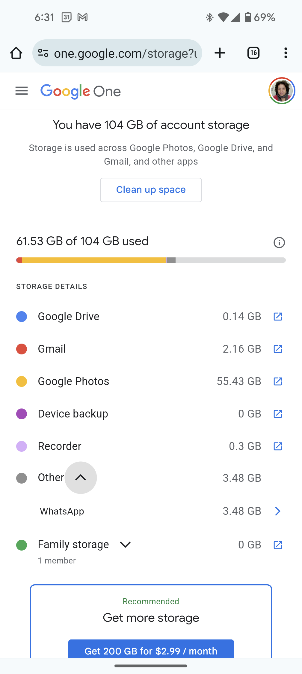 captura de tela do Google One gerenciar armazenamento