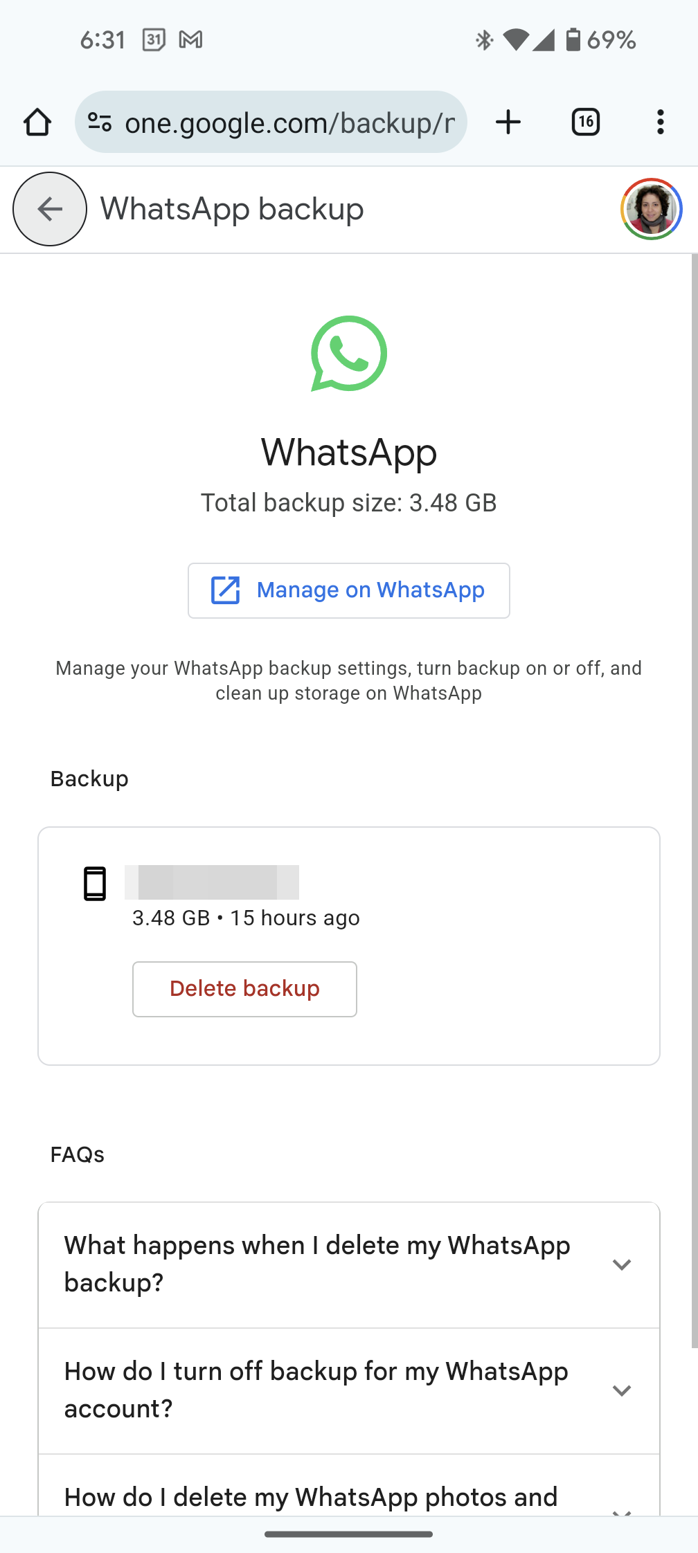 captura de tela do google one armazenamento do whatsapp