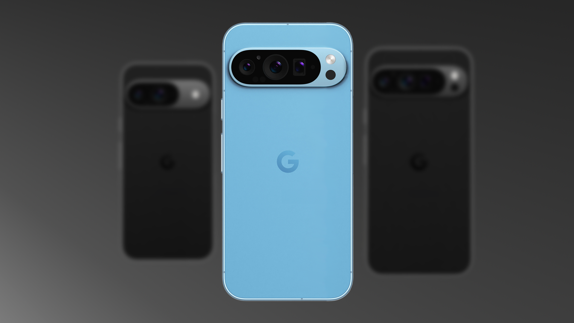 Google Pixel 9 Pro in blue next to a Pixel 9 and 9 Pro XL
