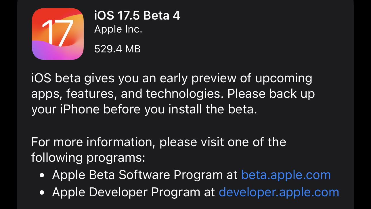 Solicitação de atualização do iOS 17.5 beta 4 nas configurações do iPhone.