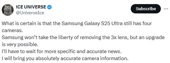 Ice Universe Galaxy S25 Ultra cuatro cámaras 3x