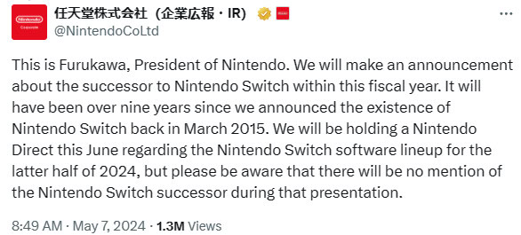 Nintendo confirm Switch 2 successor coming X