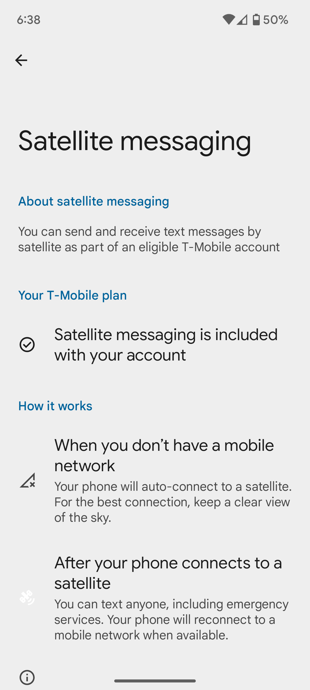 Android 15 베타 2의 위성 메시징 페이지