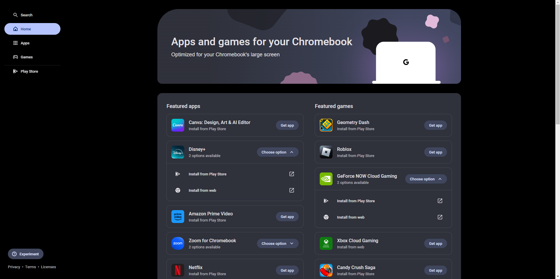 Captura de pantalla del centro comercial de aplicaciones de Chromebook
