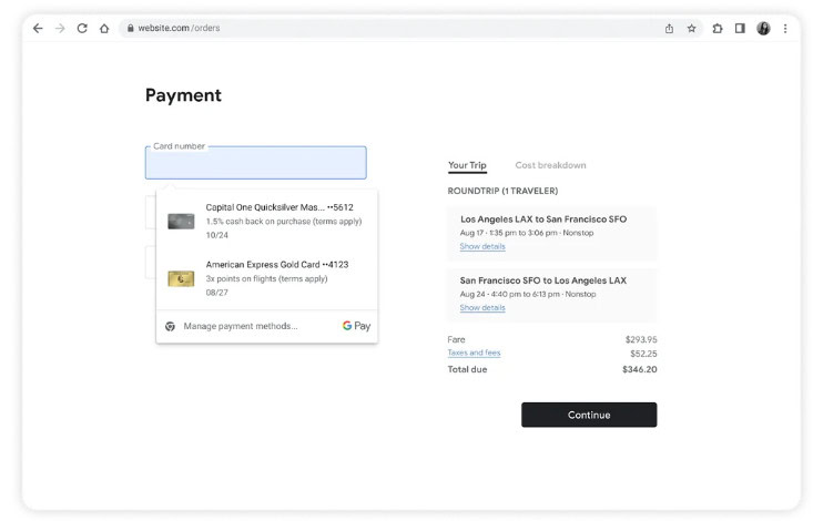 Google Pay displaying card benefits at checkout