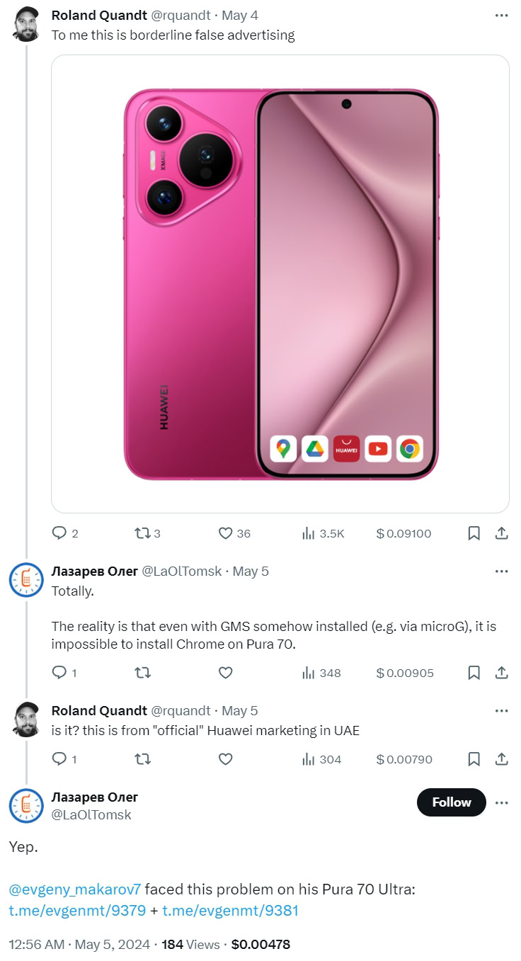 Tweet que muestra Huawei Pura 70 con GMS 2