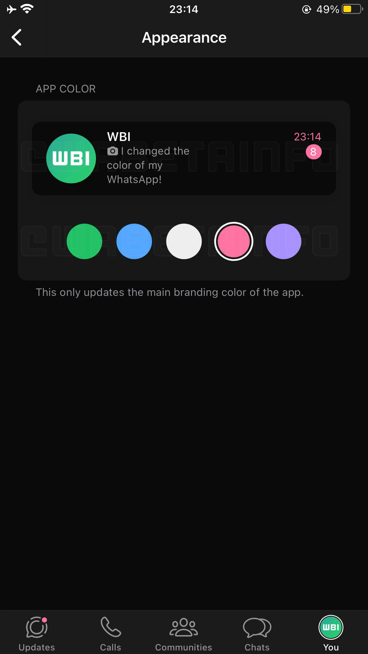 Funkcja koloru akcentującego w aplikacji w aplikacji WhatsApp na iOS w wersji beta.