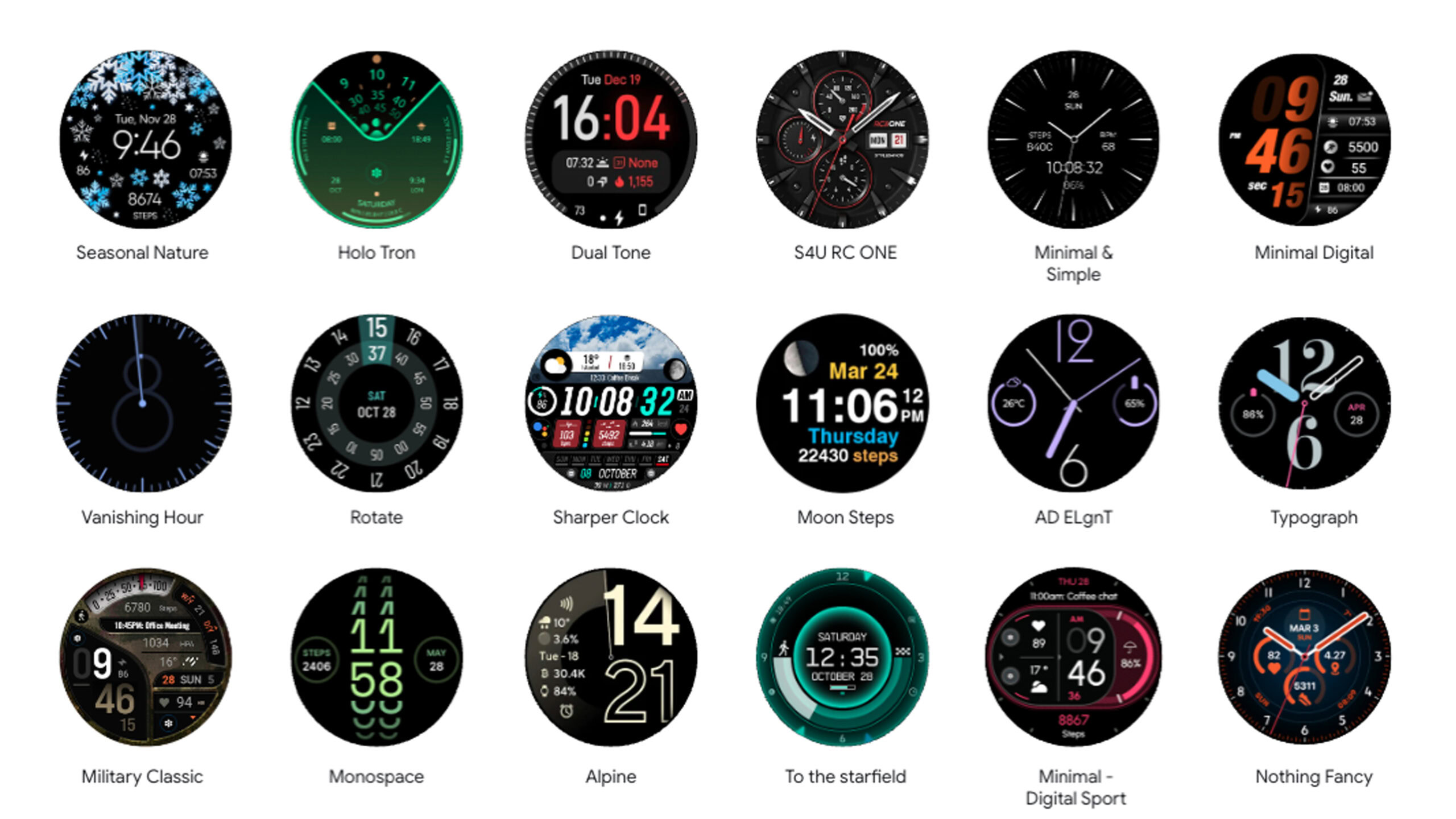 Różnorodne przykłady tarcz zegarka utworzone przy użyciu formatu tarczy zegarka.