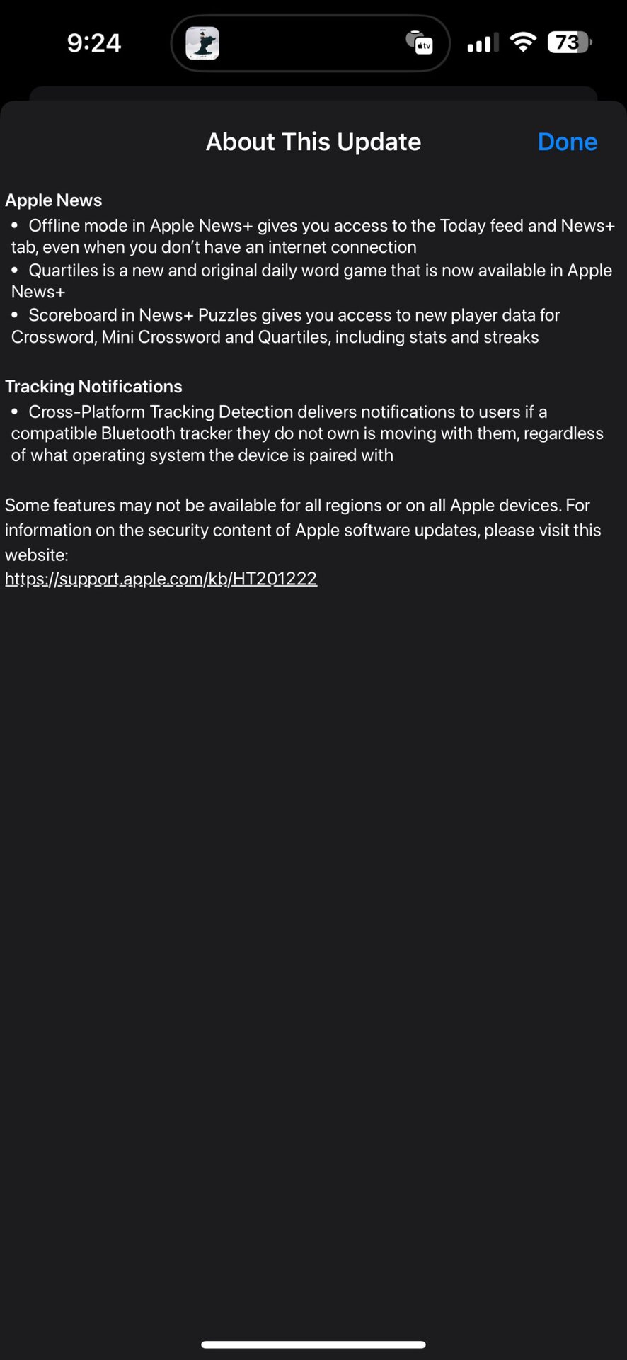 Registro de cambios de versión candidata de iOS 17.5 en la aplicación de configuración del iPhone.