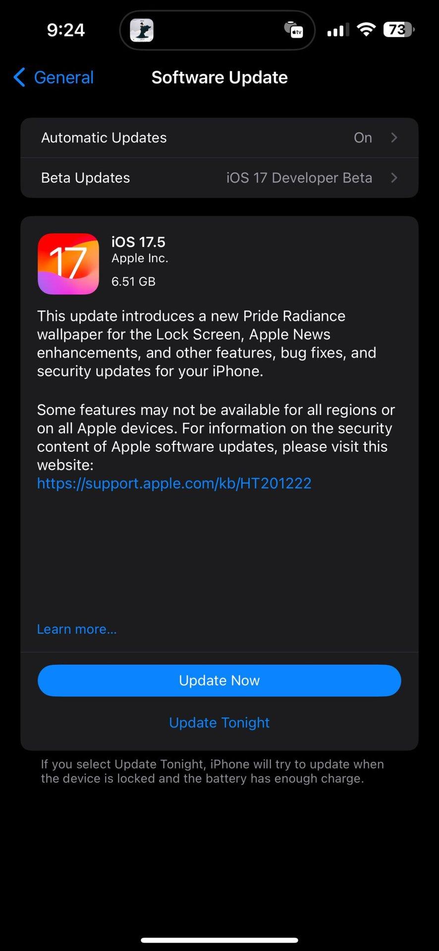 Mensaje de actualización de iOS 17.5 Release Candidate en la aplicación Configuración del iPhone.