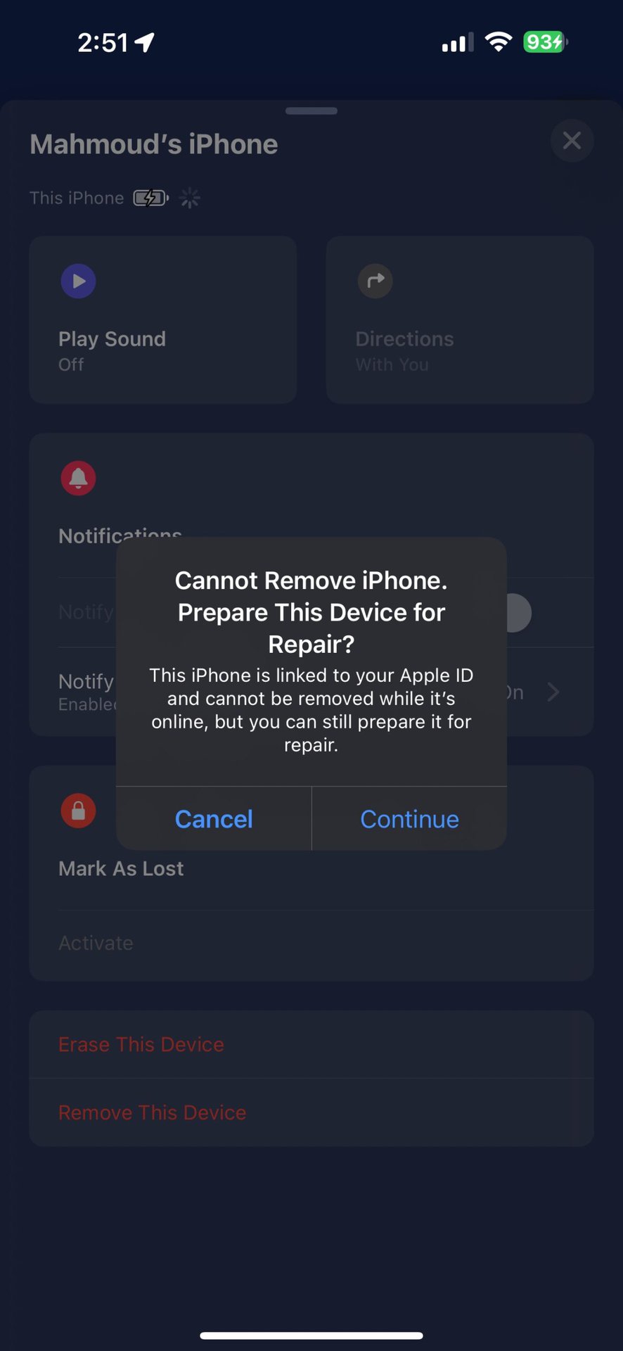 Prompt de estado de reparo no aplicativo Find My no iOS 17.5 beta 4.