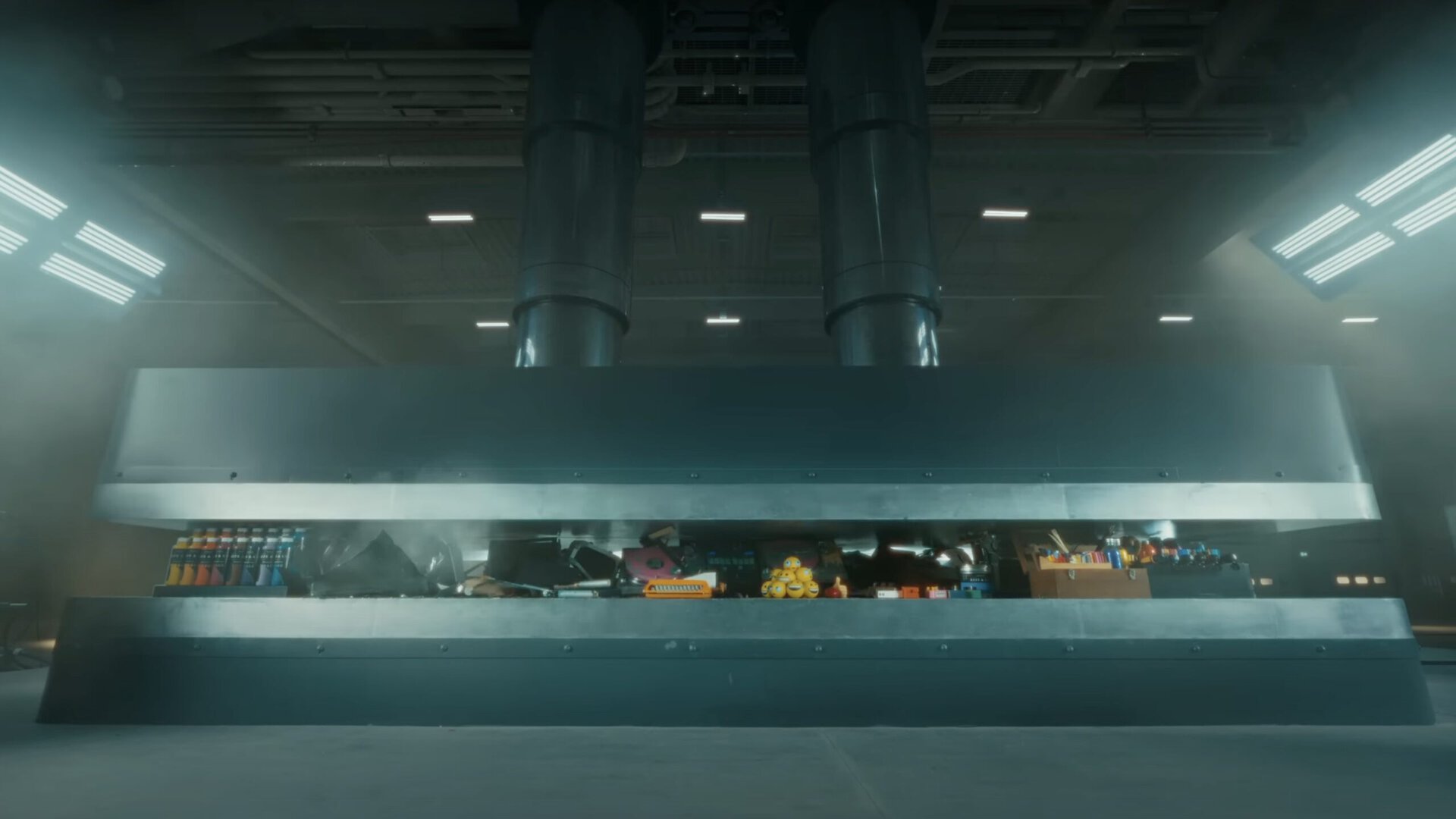A frame from the iPad Pro M4 ad featuring artist equipments being crushed.