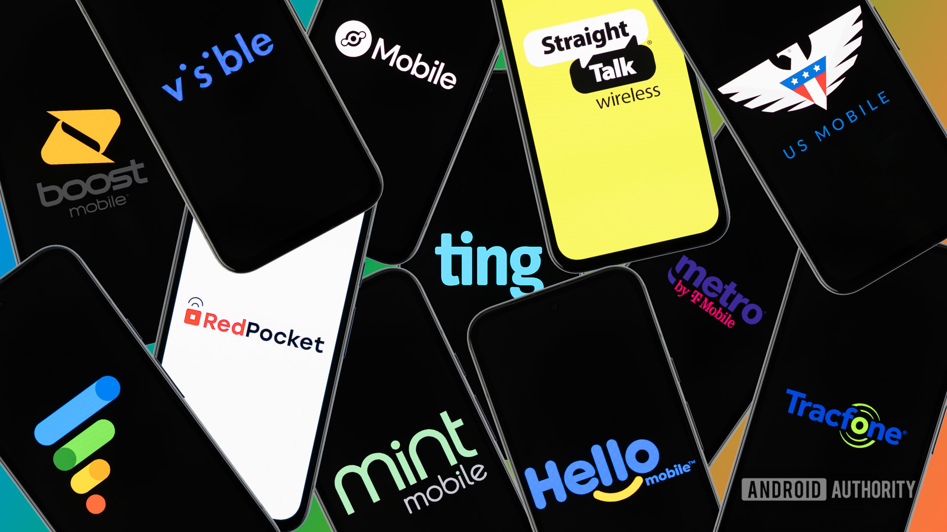 MVNO carrier logos on smartphones stock photo