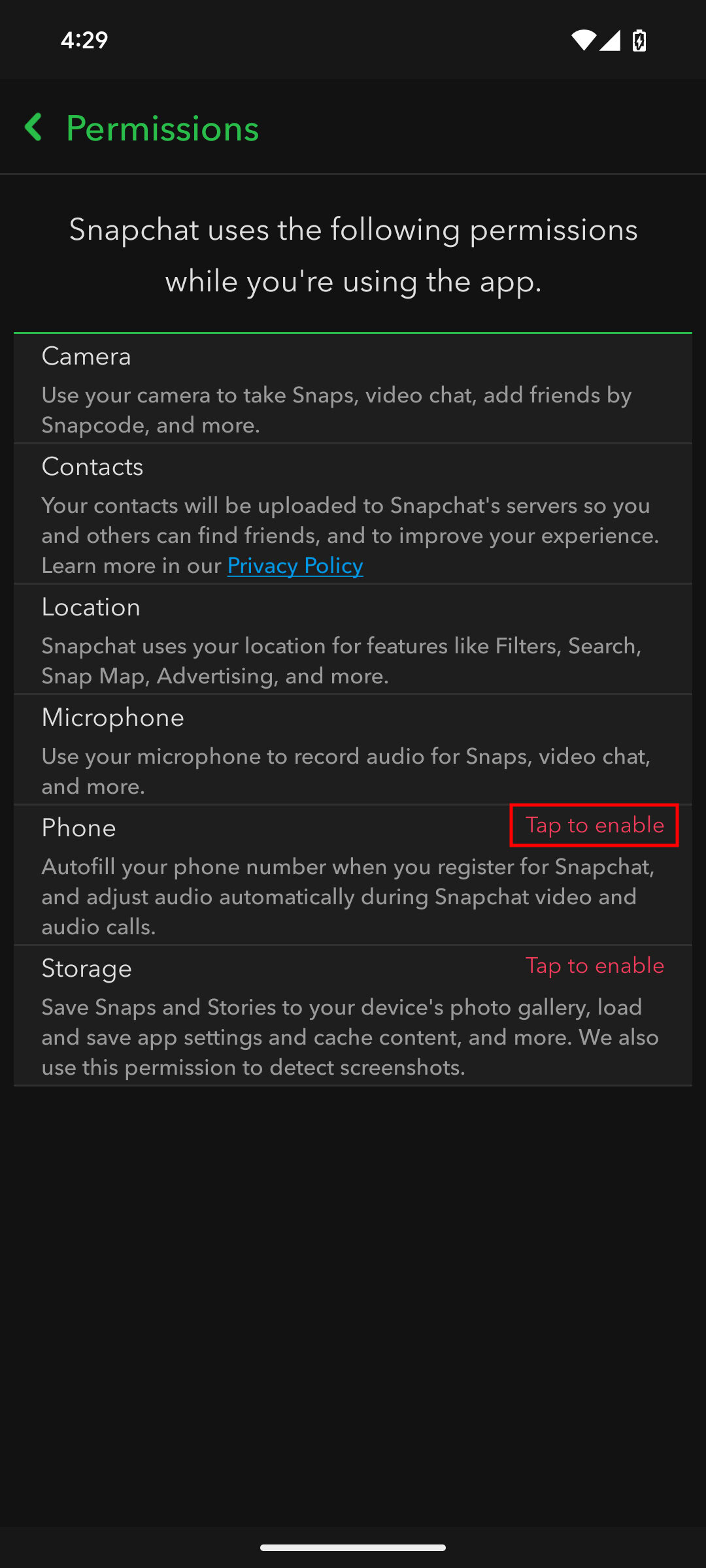 How to enable permissions on Snapchat 4