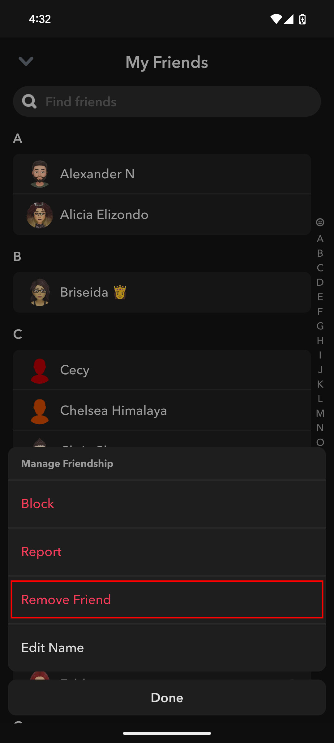 How to remove friend on Snapchat for Android 5