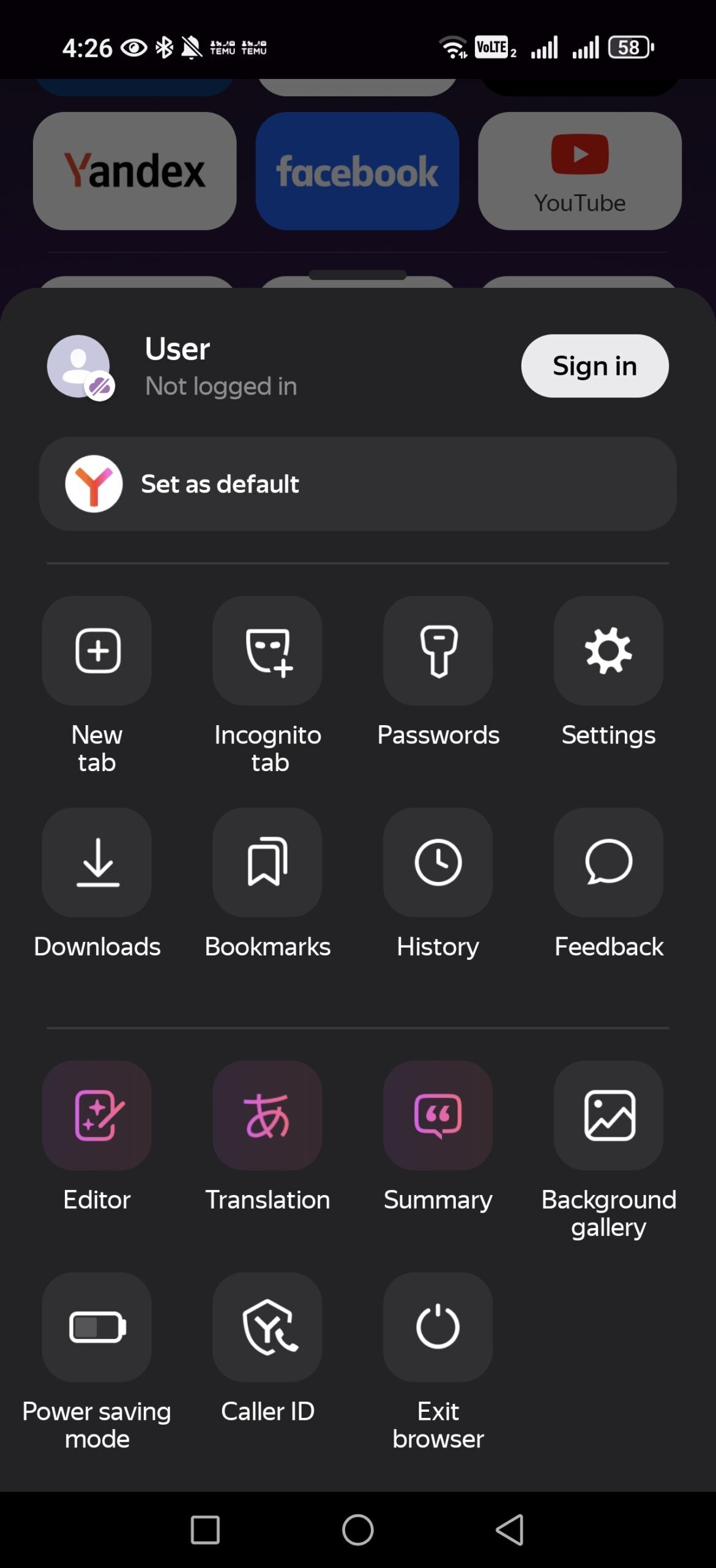 yandex browser options