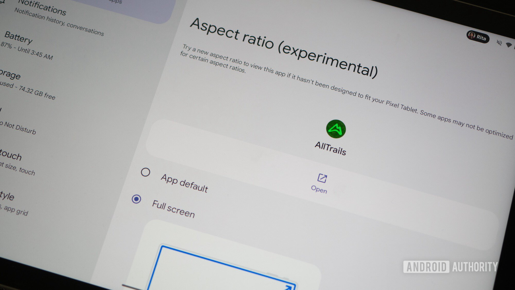 google pixel tablet setting aspect ratio fullscreen