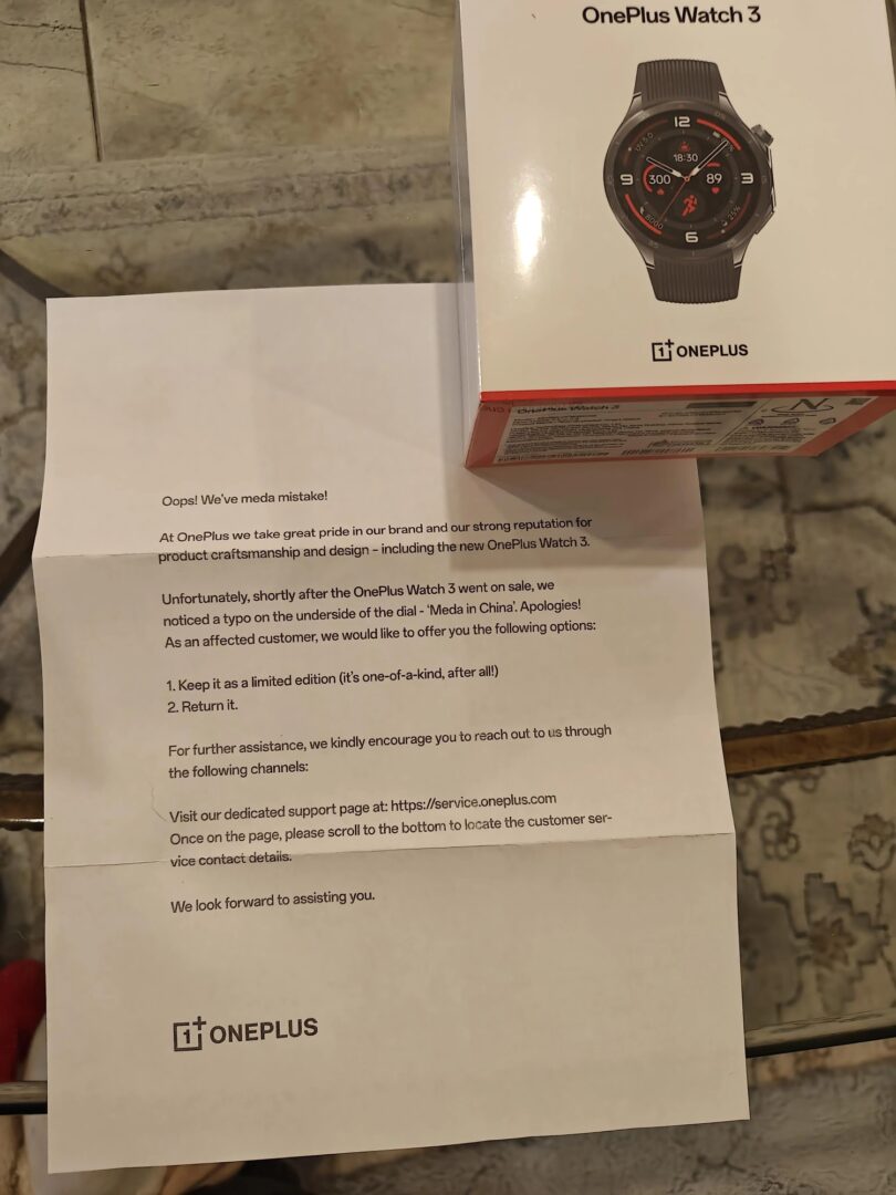 One Plus Watch Text Here's the OnePlus Watch 3 typo letter arriving with early orders ...