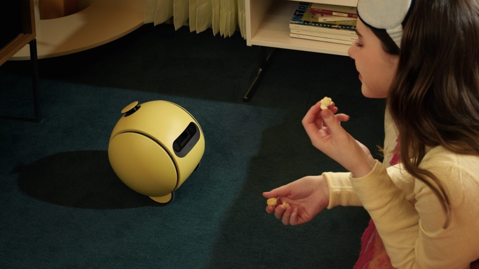 Samsung Ballie Robot on the floor with a kid looking at it