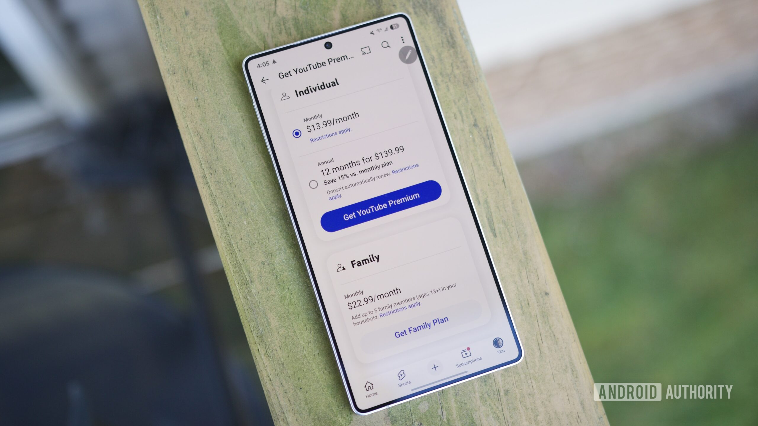 YouTube Premium plan options in YouTube app.