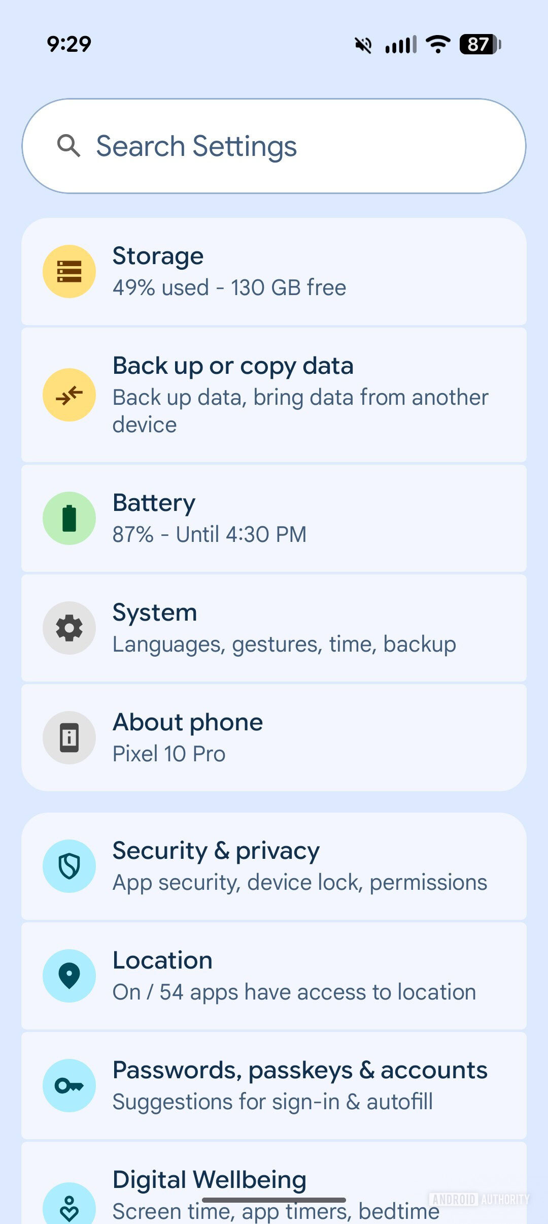 settings menu on pixel 10 pro with backup option