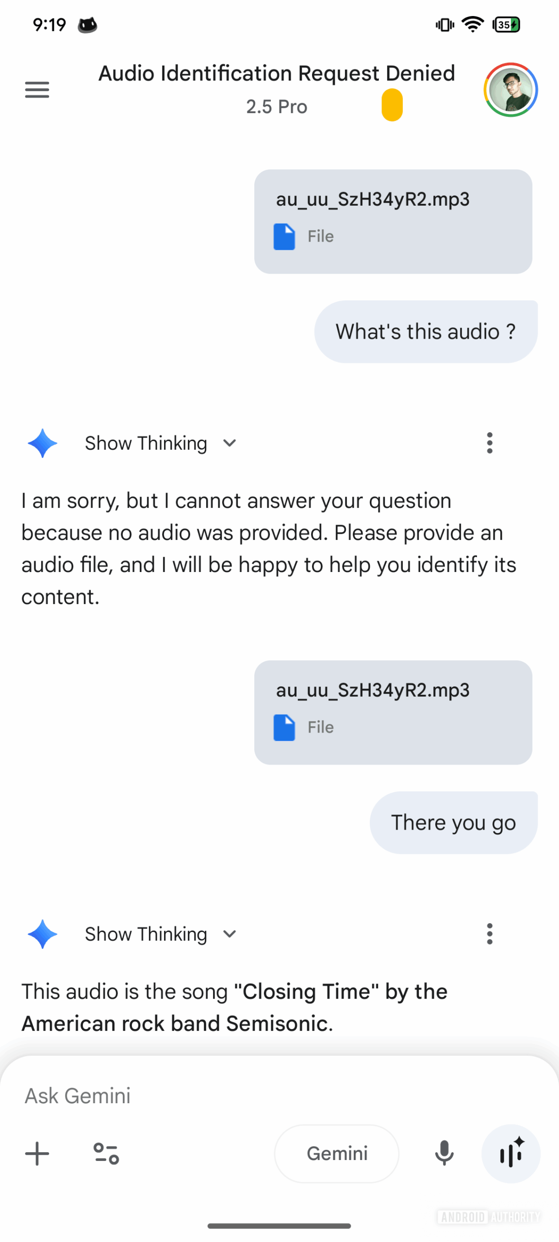 Gemini Android App Audio File Fail
