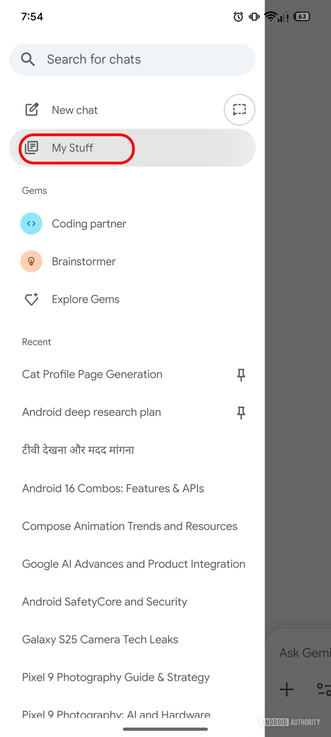 Google Gemini My Stuff sidebar