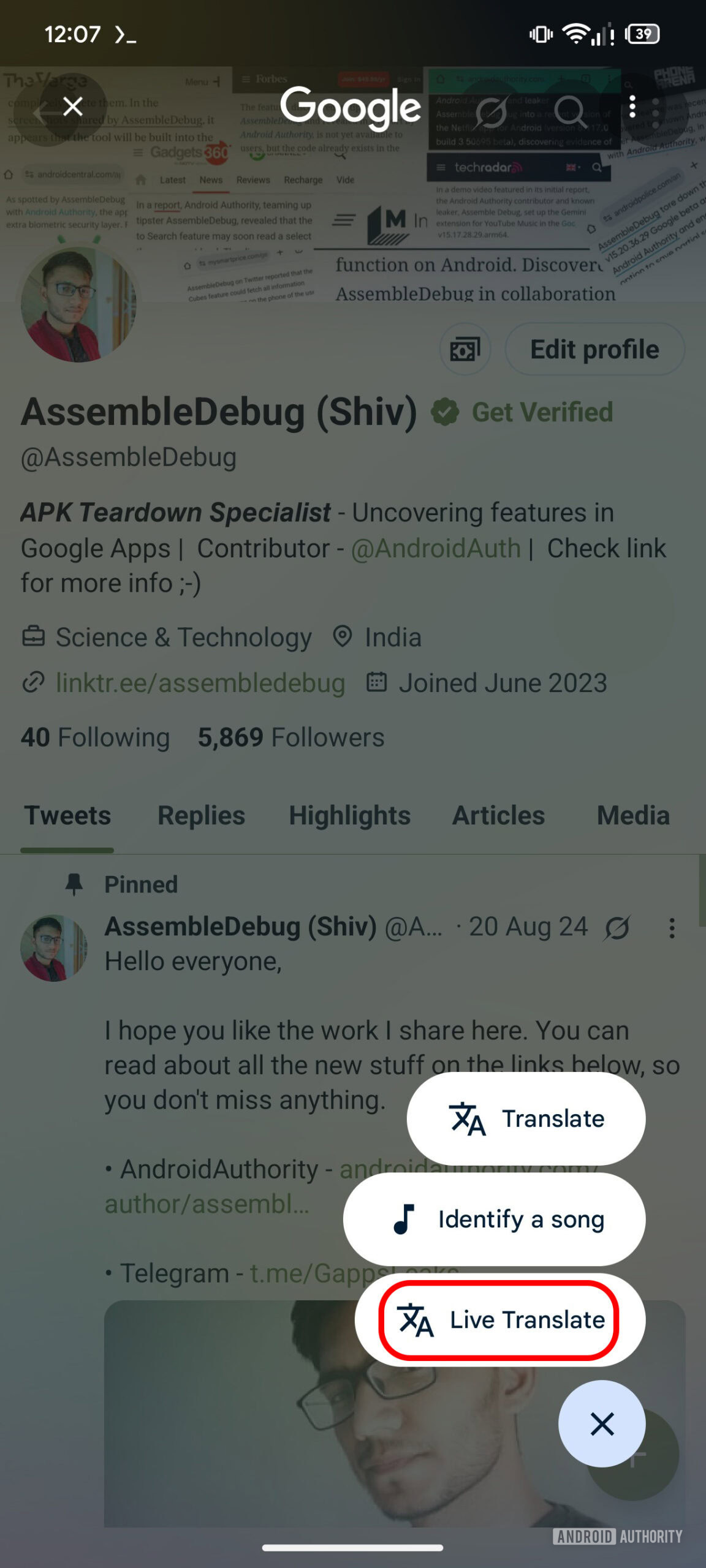 circle to search live translate