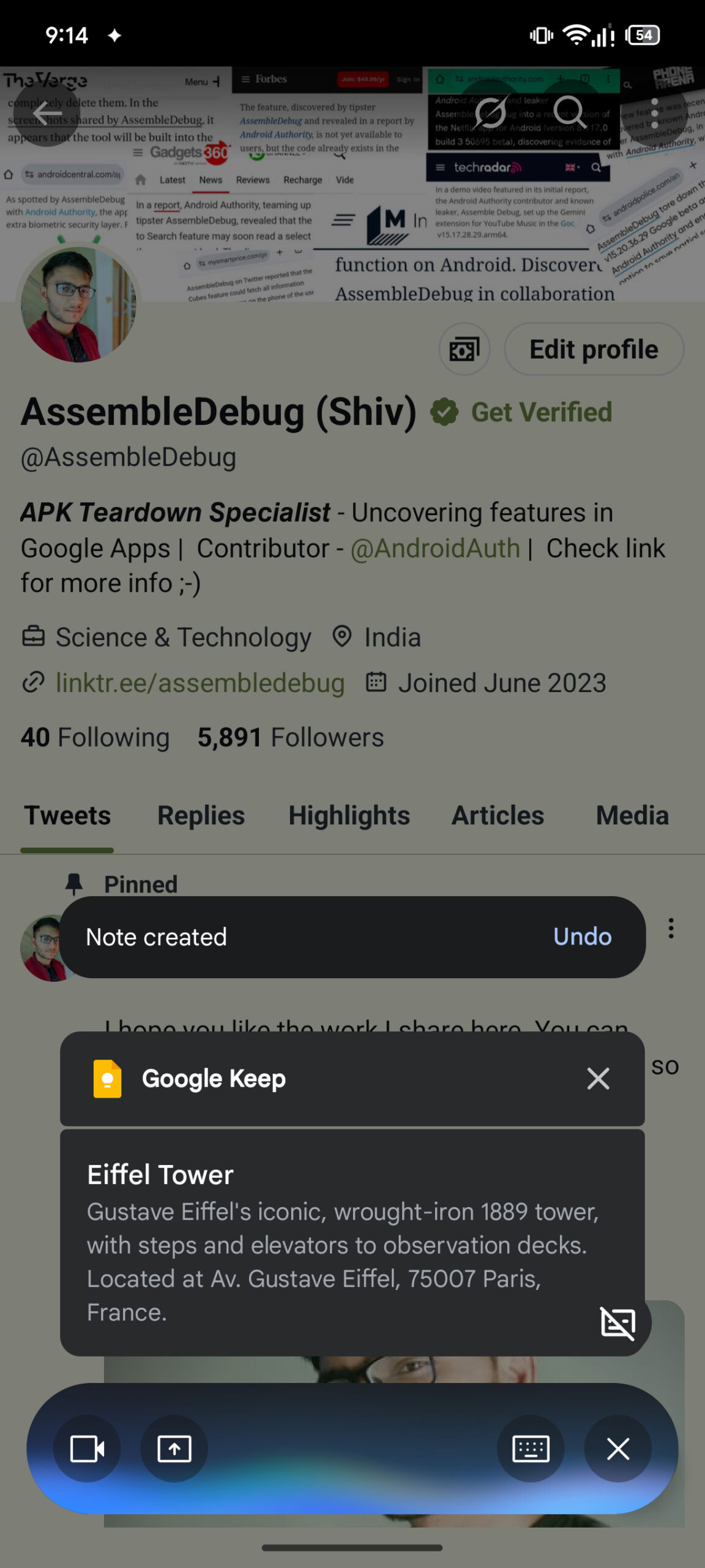 google gemini live floating UI with Keep notes
