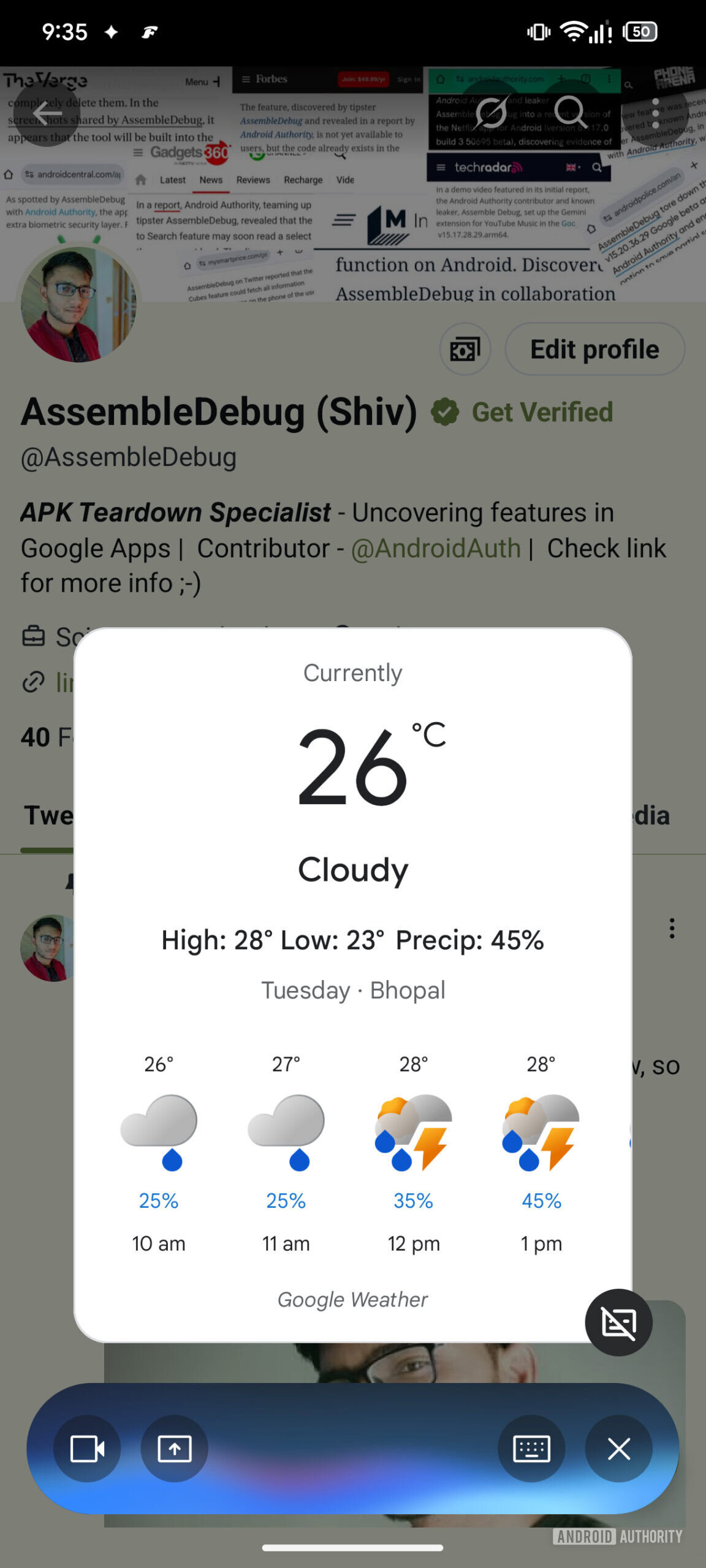 google gemini live floating UI with weather
