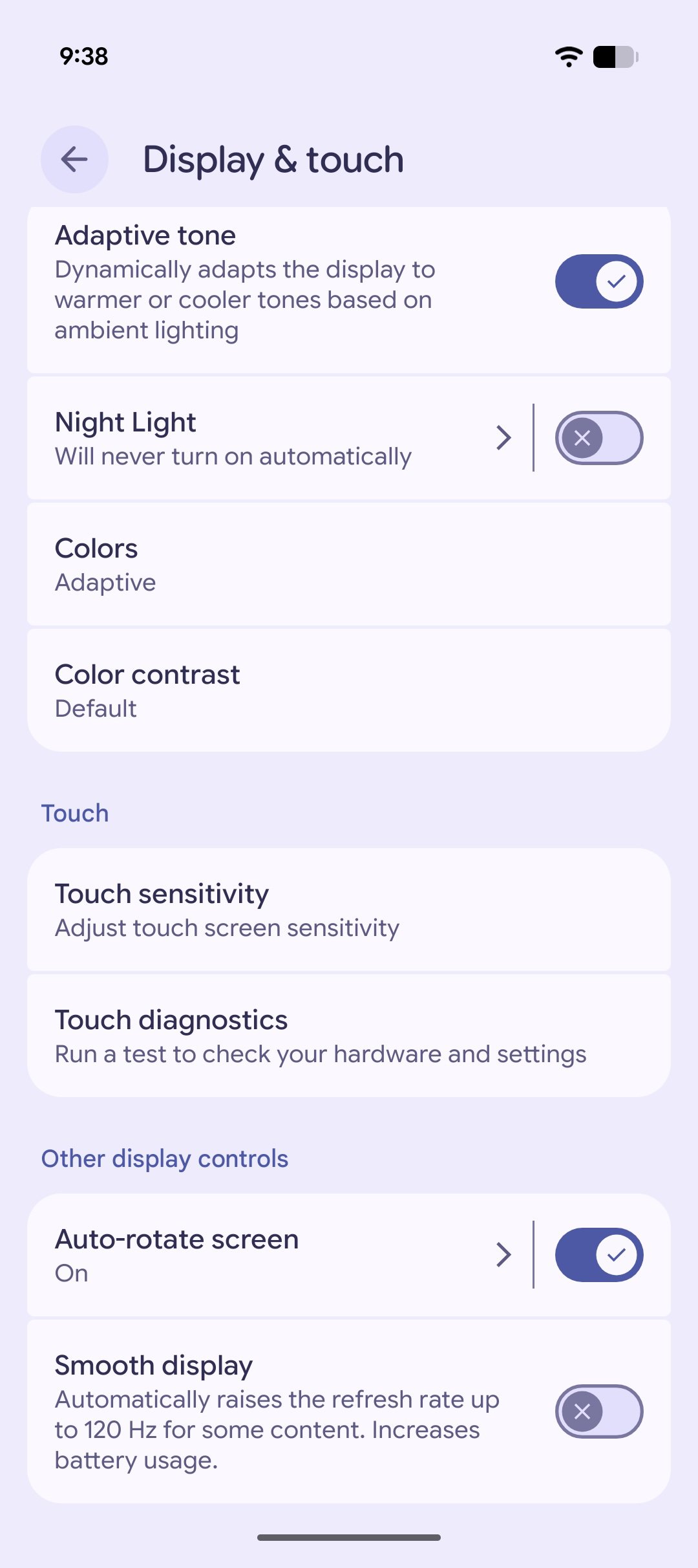 Google Pixel 10 Settings app, showing how to enable Smooth Display on the phone.