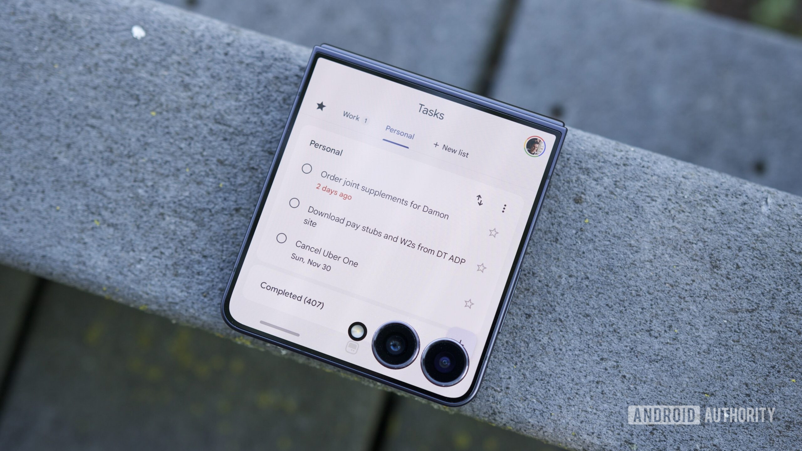 Google Tasks app running on the Galaxy Z Flip 7 cover screen.