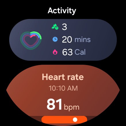 A page with multiple tiles in One UI 8 Watch.