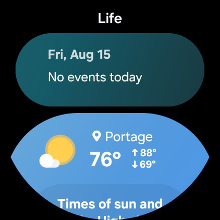 A page with multiple tiles in One UI 8 Watch.