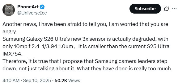 Galaxy S26 Ultra 3x camera size Ice Universe