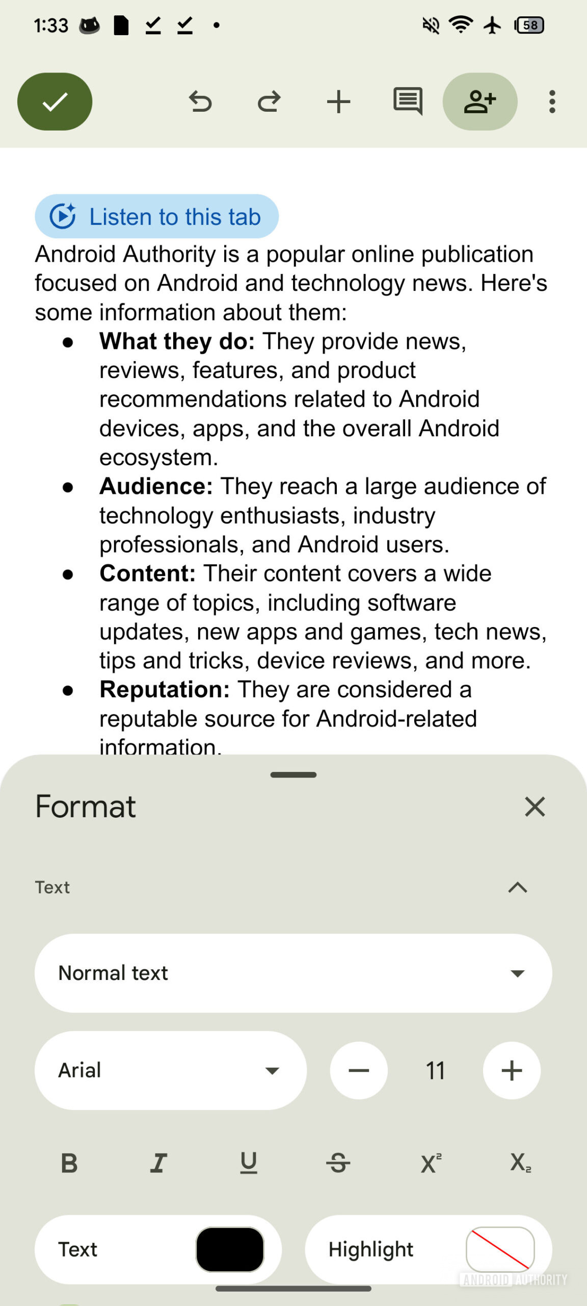 Google Docs Format sheet
