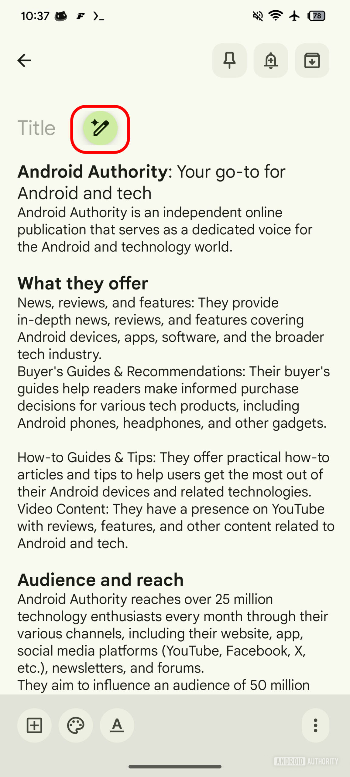 Google Keep AI title