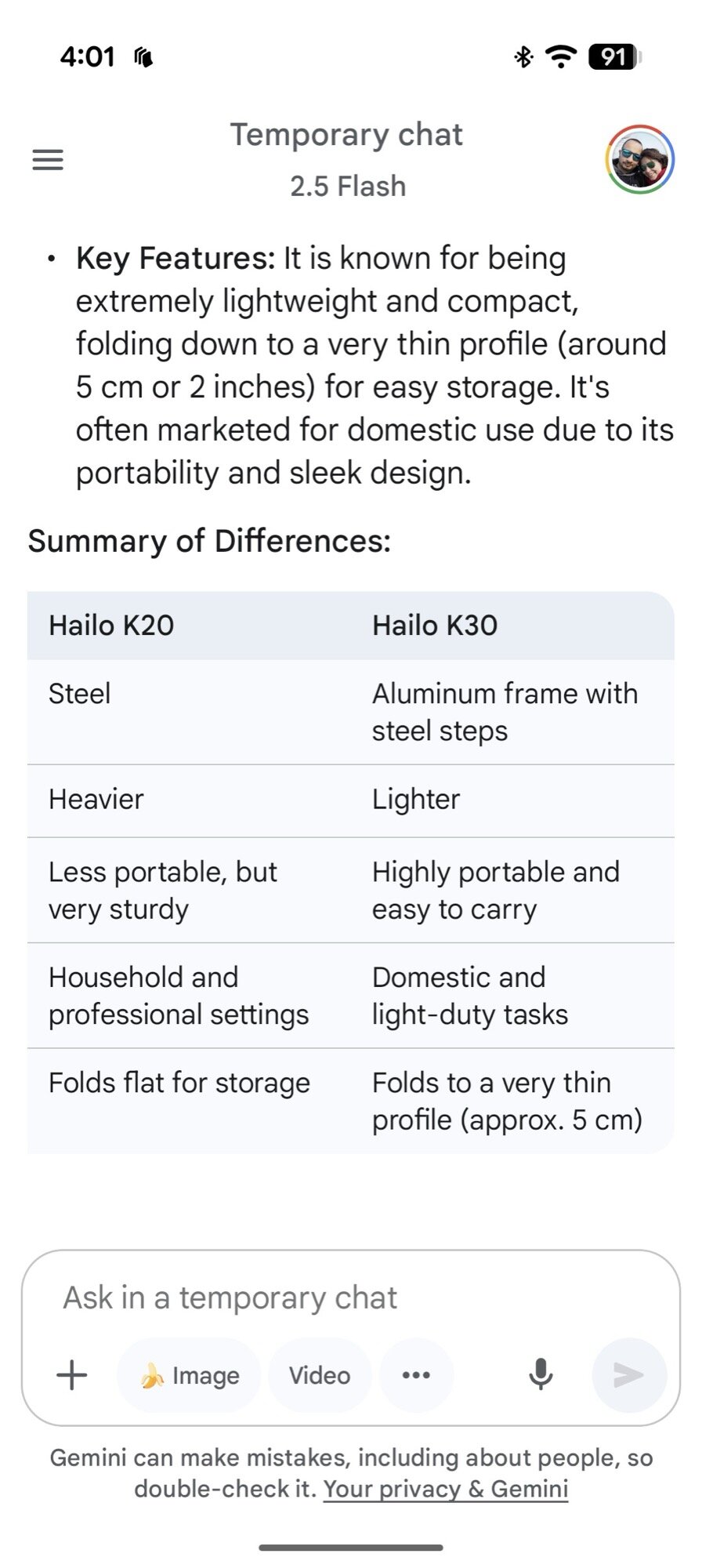 gemini temporary chat question step ladder k20 vs k30