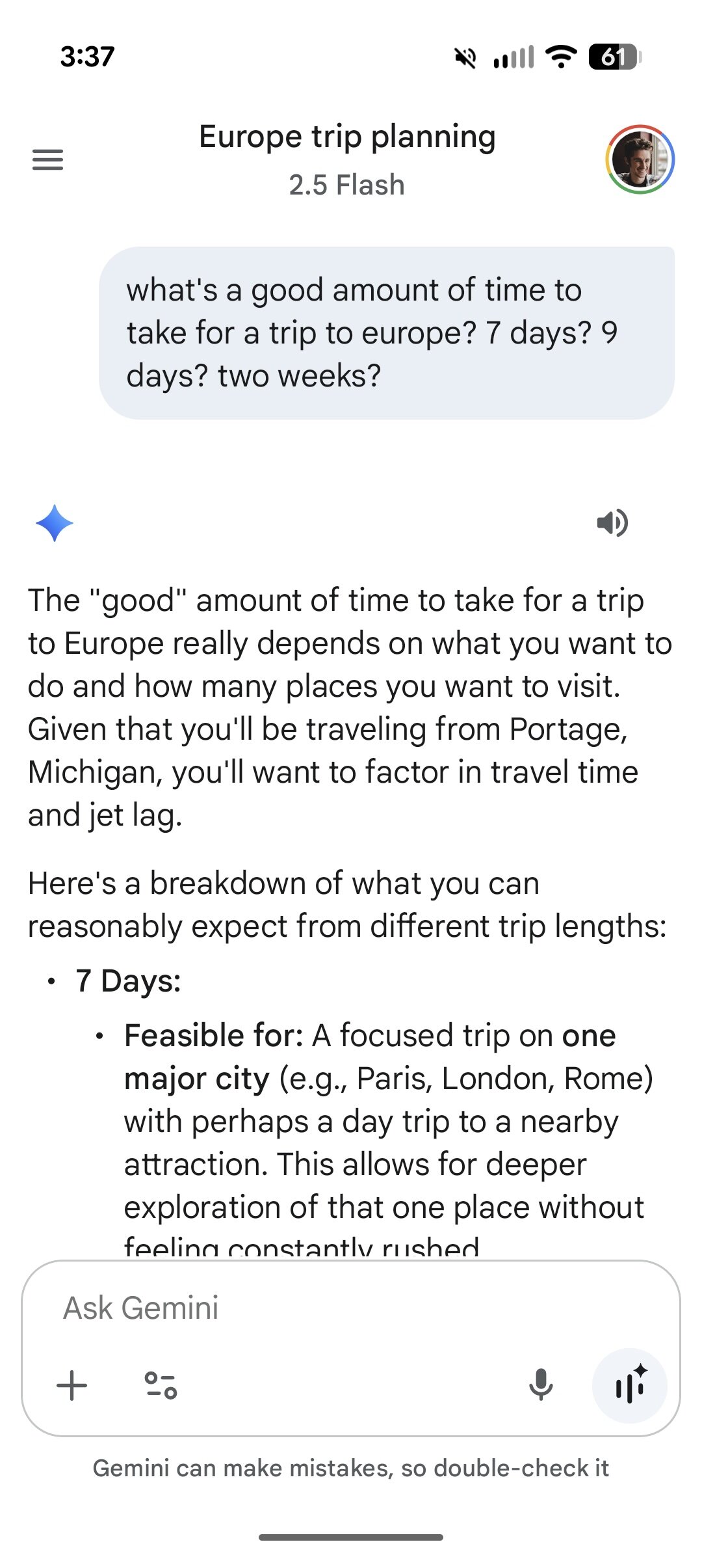 A screenshot of the Gemini app, asking the AI about a good amount of time to spend in Europe for a vacation.