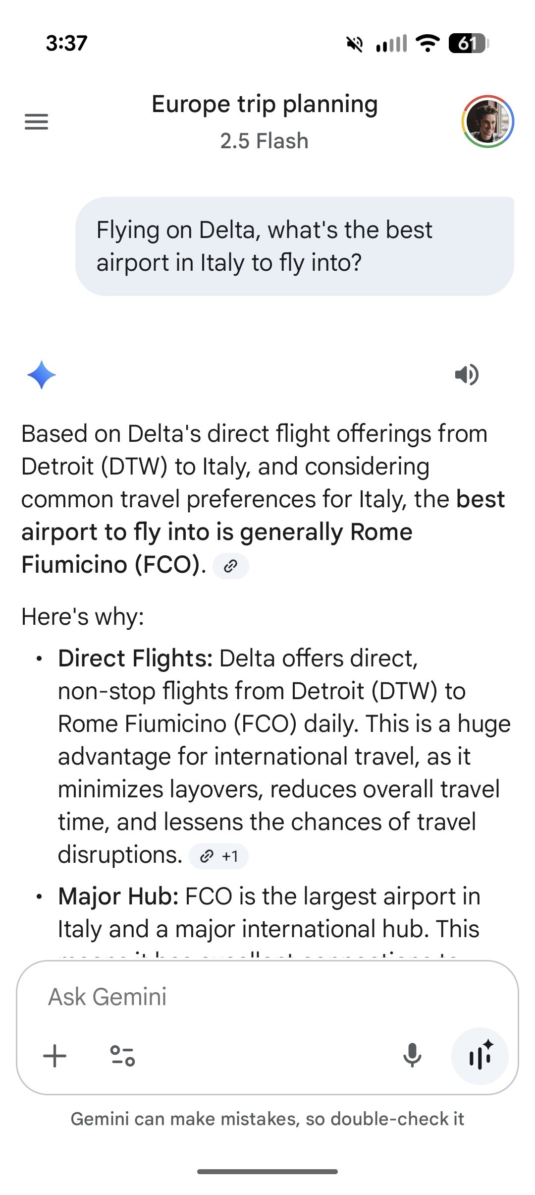 A screenshot of the Gemini app, answering a question about flights to Italy.