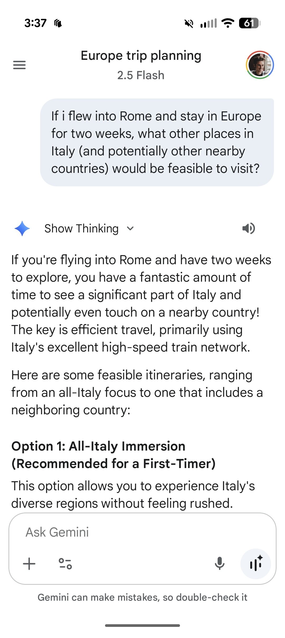 A screenshot of the Gemini app, asking the AI a question about nearby cities to Rome.