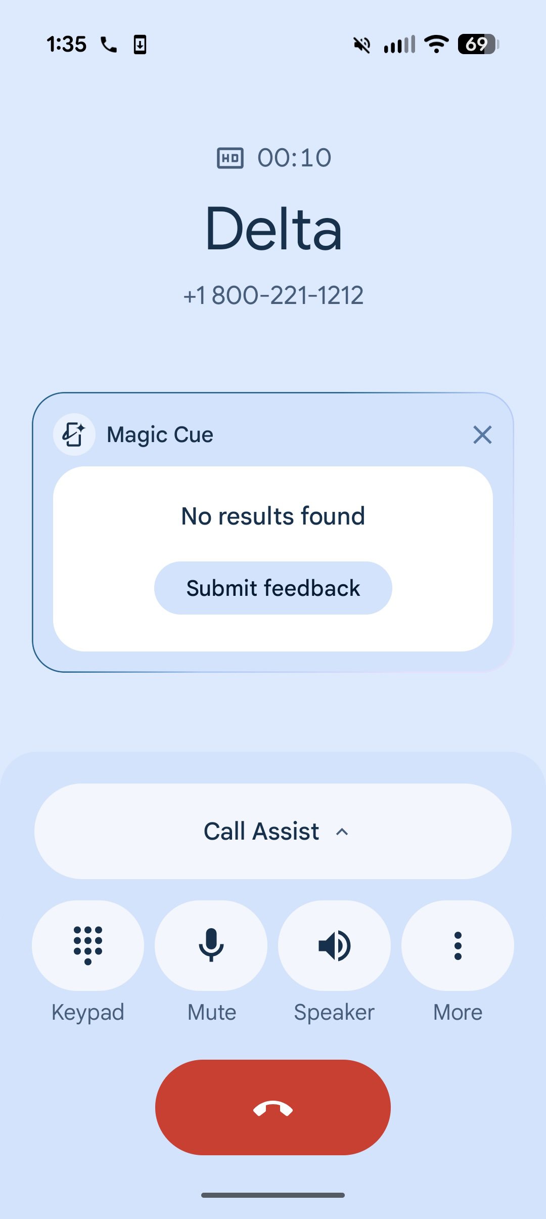 A screenshot of Magic Cue not displaying any information during a phone call.
