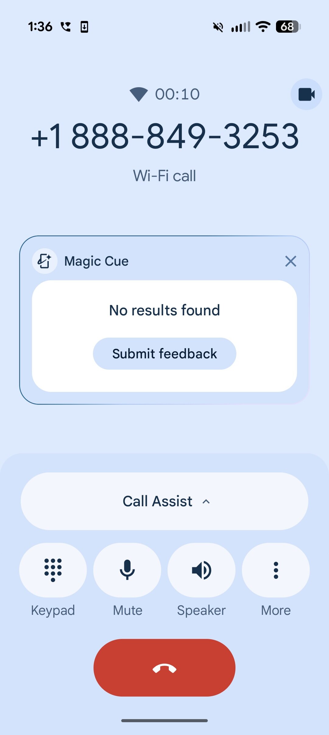 A screenshot of Magic Cue not displaying any information during a phone call.