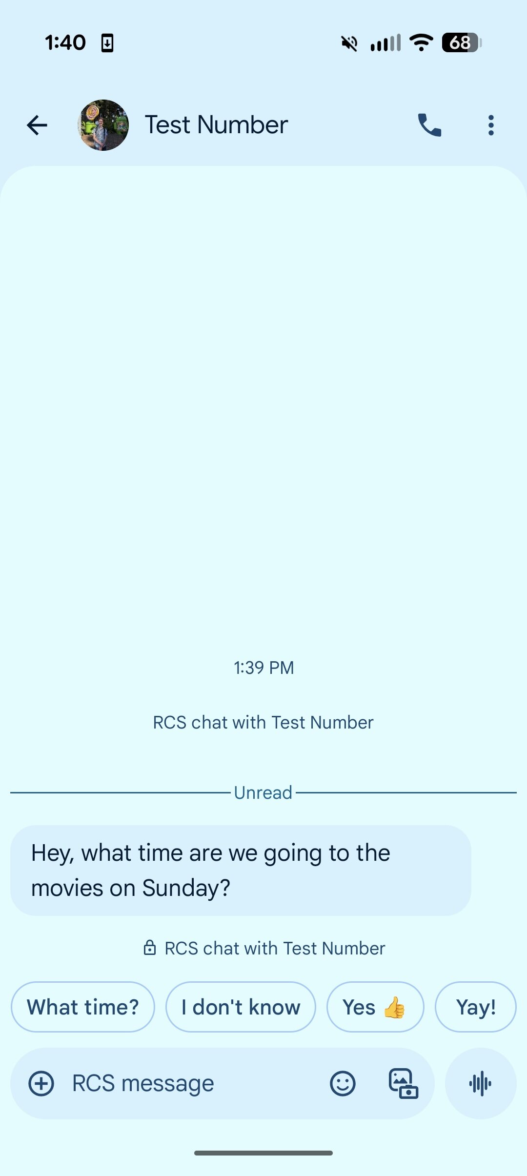 Screenshot of trying to prompt Magic Cue in Google Messages, and it failing to work.
