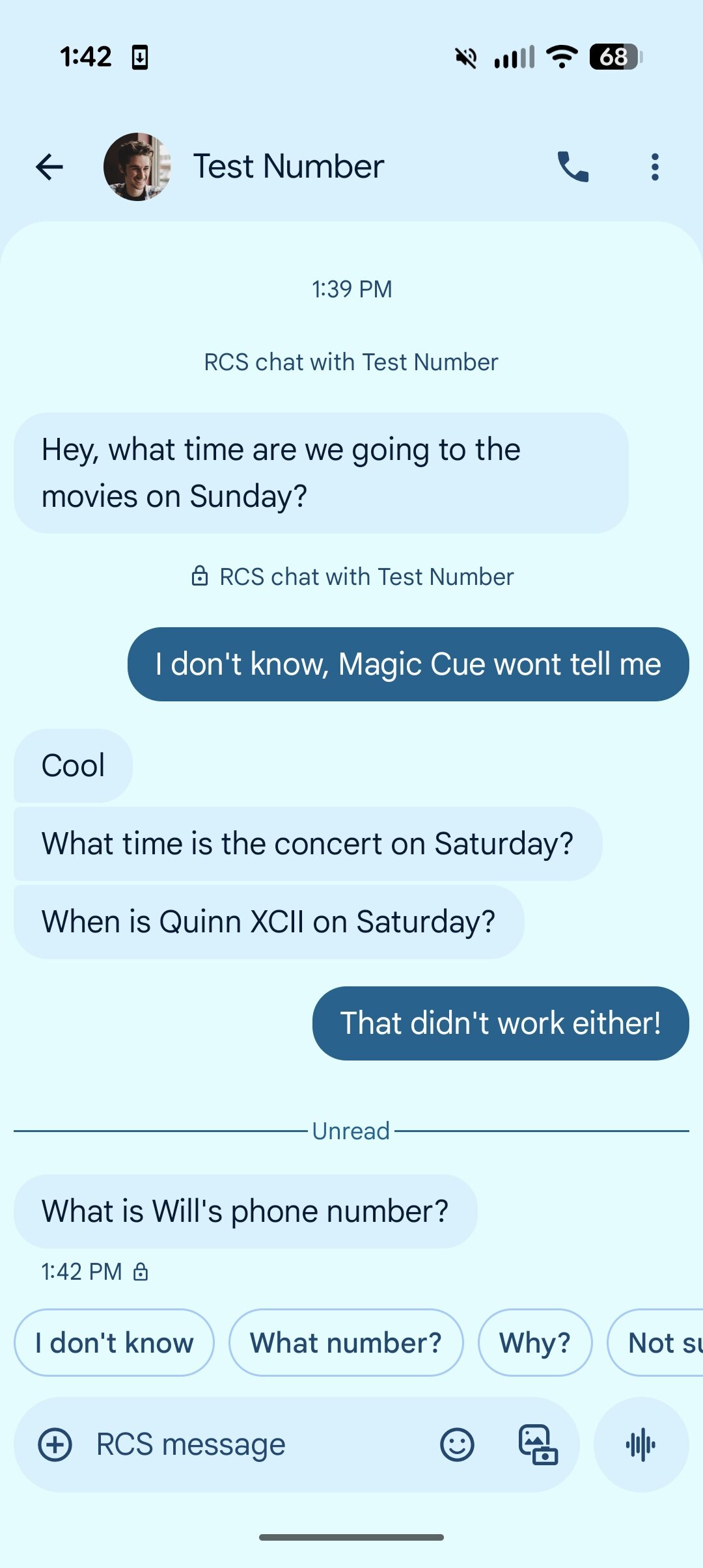 Screenshot of trying to prompt Magic Cue in Google Messages, and it failing to work.