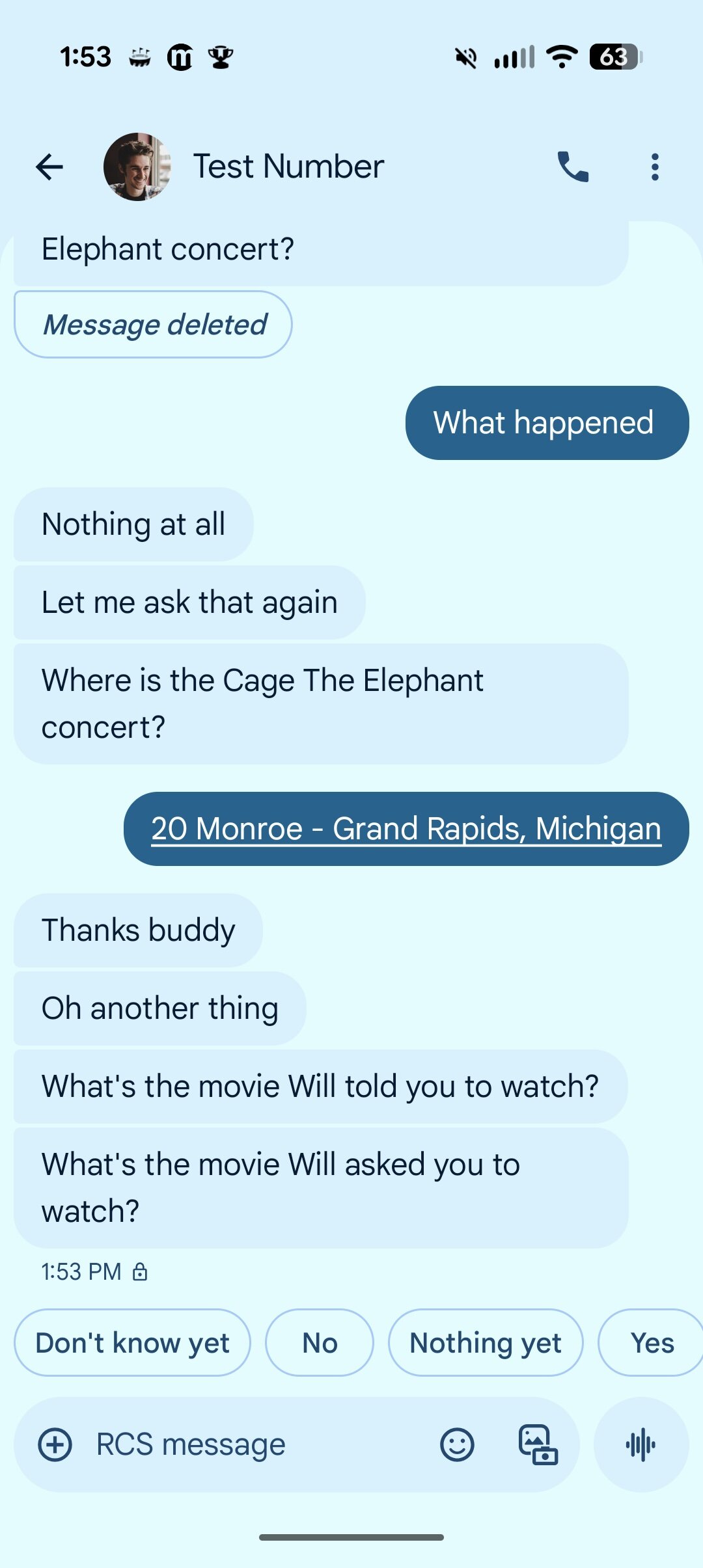 Screenshot of trying to prompt Magic Cue in Google Messages, and it failing to work.